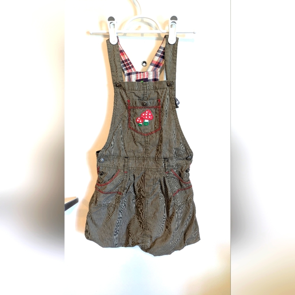 Striped Brown Kids Overalls with Mushroom Patch Embroidered
